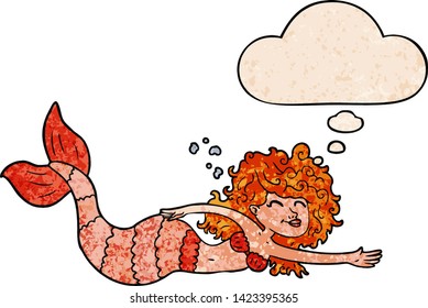 cartoon mermaid with thought bubble in grunge texture style