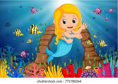 Cartoon mermaid underwater