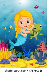 Cartoon mermaid underwater wtih turtle