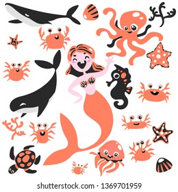 Cartoon mermaid with various sea animals