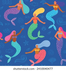 Cartoon mermaids characters. Pretty women with fish tails, underwater mythical creatures, beautiful sea girls, vector seamless pattern.eps
