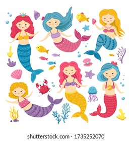 Cartoon mermaids. Cute princess clipart, mermaid and ocean animal. Kawaii fairyland stickers for scrapbook. Isolated sea fairies vector set