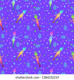 Cartoon Mermaids girls. Seamless pattern. Summertime sirens are swimming with colored tails and hair. Design for fabric, backdrop blog, clothing. Cards party invitations. Vector illustration marine