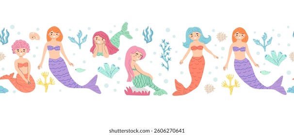 Cartoon mermaids seamless pattern with colorful underwater elements.