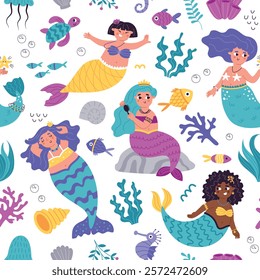 Cartoon mermaids seamless pattern. Cute repeated underwater girls, fairytale characters, seaweed, seahorses and corals, vector template