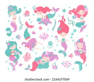 Cartoon mermaids set. Mermaid girl and fish, cute birthday funny characters. Little underwater princess, isolated marine kids nowaday vector kit