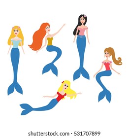 Cartoon mermaids set vector illustration. Mermaid vector set. Beauty Water nymph in cartoon style.