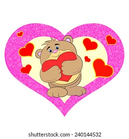 Cartoon merry bear with heart. Valentine card.