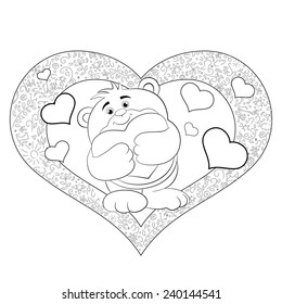Cartoon merry bear with heart. Valentine card. Coloring book.