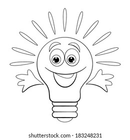 Cartoon merry, bright, luminous bulb that smiles because she is included. Coloring book.