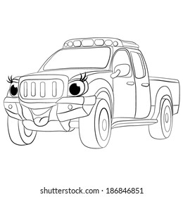 Cartoon of merry car pickup. Coloring book.