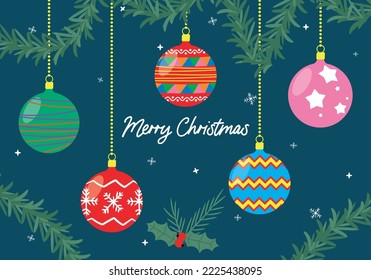 cartoon merry christmas banner with toys, snowflakes, branches and holly berries