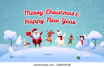 Cartoon merry christmas and happy new year greeting card template with santa claus, polar bear, snowman, elf hare and reindeer jumping with present boxes. Vector traditional christmas characters.