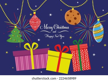 cartoon merry christmas and happy new year banner with gifts, toys, fireworks, snowflakes