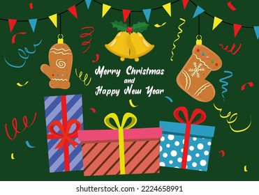 cartoon merry christmas and happy new year banner with gifts, christmas toys, garland and confetti