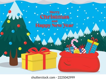 cartoon merry christmas and happy new year banner with santas gifts, cheistmas tree, wood, clouds and snowflakes