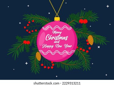 cartoon merry christmas and happy new year banner with Christmas ball, branches, holly berries and stars