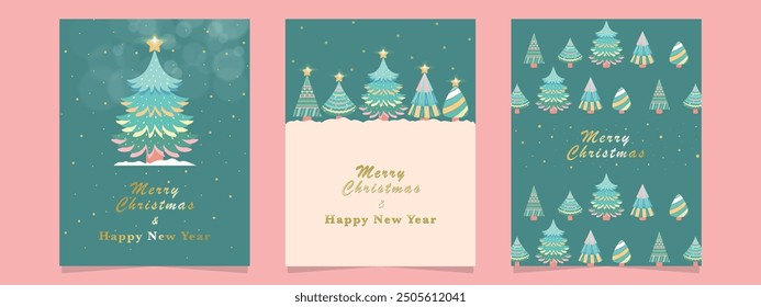 Cartoon Merry Christmas and happy new year background. Christmas card design template. Christmas trees vector illustration. Decoration and Xmas tree element. They are perfect for cover design.