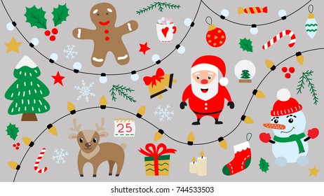 Cartoon Merry Christmas and Happy New Year symbols isolated. Design elements for greeting cards and flyers.