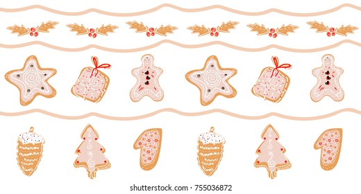 Cartoon Merry Christmas Seamless Pattern with baked gingerbread cookies. Vector 