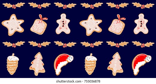 Cartoon Merry Christmas Seamless Pattern with baked gingerbread cookies. Vector 