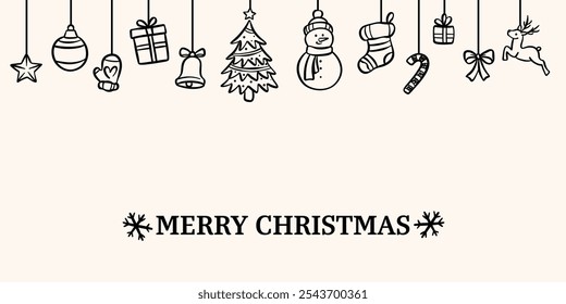 Cartoon Merry Christmas vector greeting background, winter holiday card or invitation template, hand drawn ink illustration doodle wallpaper design