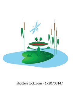 A cartoon merry frog sits on a green leaf of a reed thicket a blue dragonfly. Environmental Protection. Clipart for label, badge, logo, pattern on clothes