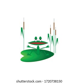 A cartoon merry frog sits on a green leaf of a reed thicket a blue dragonfly. Environmental Protection. Clipart for label, badge, logo, pattern on clothes