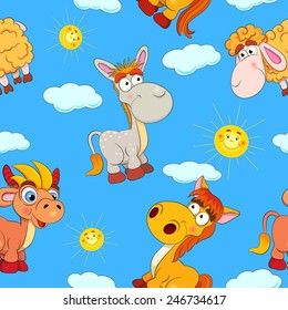 Cartoon merry horse, bull, donkey and ram on background with suns and clouds. Seamless pattern.