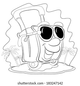Cartoon merry luggage bag in sunglasses has a rest on a beach with palms. Coloring book.