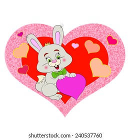 Cartoon merry rabbit with heart. Valentine card.