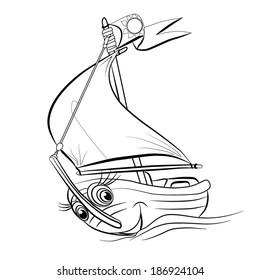 Cartoon of merry sailing yacht on a wave. Coloring book.