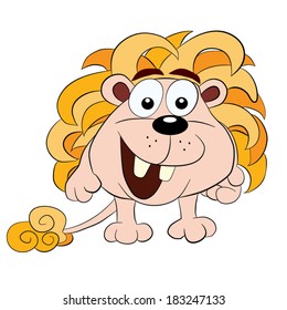 Cartoon merry smiling  nice lion on white background.
