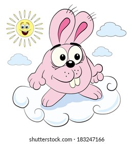 Cartoon  merry smiling  nice rabbit sitting on a cloud in a sunny day, near sun smile.