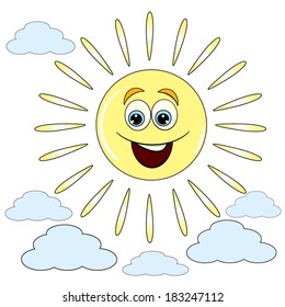 Cartoon merry sun in sky next to clouds.