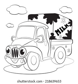 Cartoon of merry truck-car transporting milk. Coloring book.