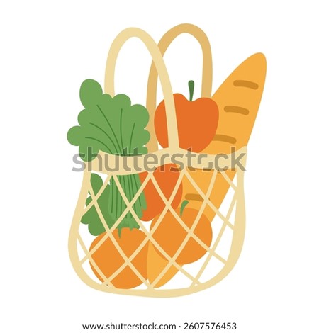 Cartoon mesh bag with vegetables and bread. Eco-friendly shopping and zero waste lifestyle.