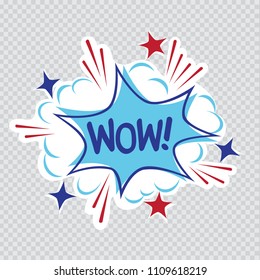 Cartoon message illustration on transparent background. Comic sound effect graphic. Wow letters posted on colorful communication quote bubble