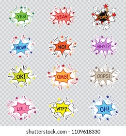 Cartoon message illustration set on transparent background. Comic sound effect graphic. Yes yeah bomb wow no what ok omg oops lol wtf oh letters posted on colorful communication quote bubble