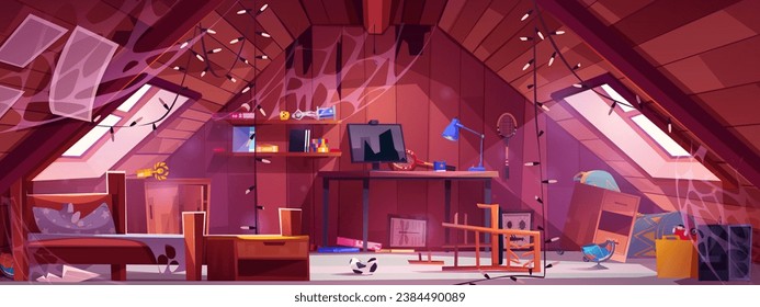 Caricatura desordenada y abandonada habitación de adolescente en el ático de la casa con mobiliario dañado y accesorios para deportes activos. Vector sucio cuarto de chatarra con cama y silla quebradas, basura y telaraña.