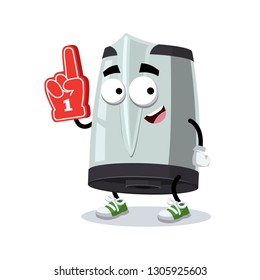 cartoon metal electric kettle character mascot with the number 1 one sports fan hand glove on a white background