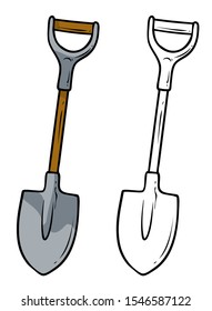 Cartoon metal farmer shovel with wooden handle. Isolated on white background. Vector icon for coloring.