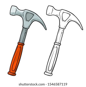Cartoon metal nail puller hammer with orange plastic handle. Isolated on white background. Vector icon for coloring.