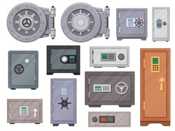 Cartoon Metal Safe Boxes With Code Locks, Bank Vault Door. Stationary Modern Safes And Locker. Secure Cash Storage With Password Vector Set. Illustration Of Safety Lock And Banking Steel Box