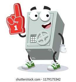 cartoon metal safe character mascot with the number 1 one sports fan hand glove on a white background