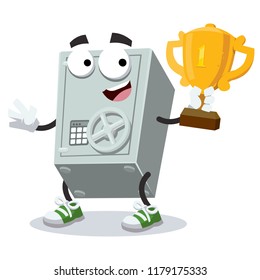 cartoon metal safe mascot holds the number one cup on white background