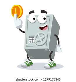 cartoon metal safe mascot keeps the coin on white background