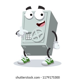 cartoon metal safe mascot showing himself on a white background
