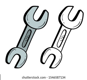 Cartoon metal steel wrench tool. Isolated on white background. Vector icon for coloring.