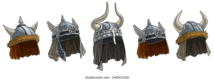 Cartoon metal viking warrior helmet with horns, fur wings, and runes. Isolated on white background. Vector icon set.